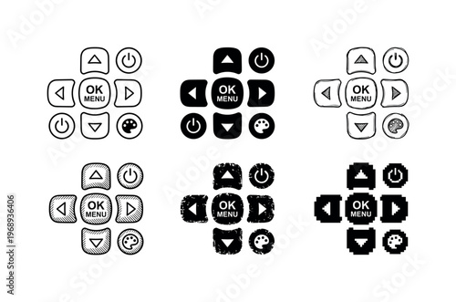 thermal camera buttons, arranged as a clean  Variant 1: clean thin outline, no fill, rounded joins, even