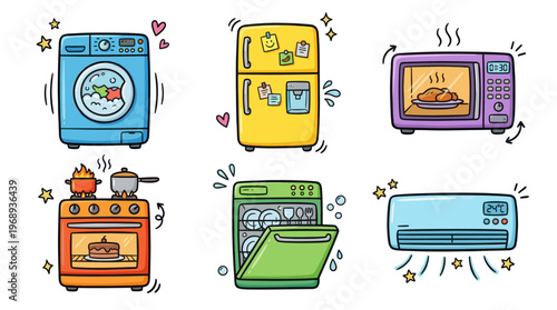 Household appliances doodle icon set in colorful hand drawn cartoon style