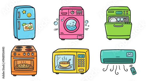 Household appliances doodle icon set in colorful hand drawn cartoon style