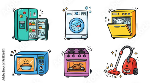 Household appliances doodle icon set in colorful hand drawn cartoon style