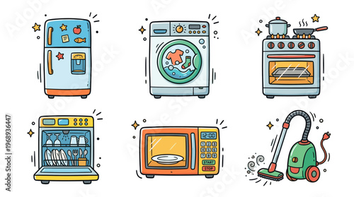 Household appliances doodle icon set in colorful hand drawn cartoon style