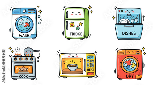 Household appliances doodle icon set in colorful hand drawn cartoon style