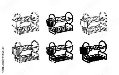 two-tier dish drying rack, arranged as a clean  Variant 1: clean thin outline, no fill, rounded joins,