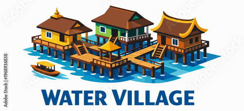 Scenic Water Village illustration featuring traditional stilt houses and boats, capturing the essence of floating communities and cultural heritage for travel and tourism