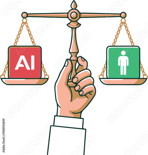 A hand meticulously holds a vintage-style balancing scale, with a red block labeled "AI" on one side and a green block with a human figure on the other, symbolizing the equilibrium between artificial 