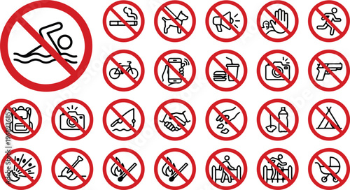 A comprehensive array of red circle line art icons, each featuring a diagonal line across a symbol, clearly indicating various prohibited actions and restricted activities.