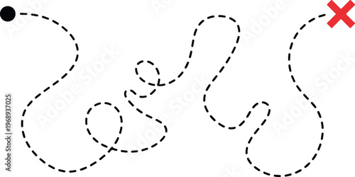 A winding, dotted black line travels from a starting point (black dot) to an endpoint (red X), representing a journey, complex path, problem-solving, or an indirect route.