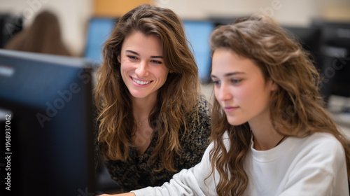 Digital wellness coordinator training faculty on cyberbullying detection algorithms in school computer lab, machine learning pattern recognition identifying at-risk communications, perfect for preve