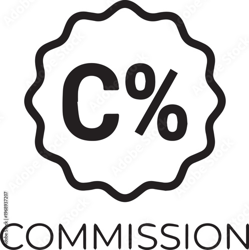 A bold black line icon featuring the letter "C" with a percentage symbol inside a jagged circular badge, clearly indicating the concept of commission.