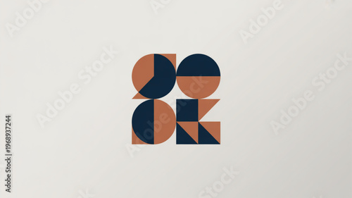 Geometric shapes composition with orange and dark blue hues on gray background for design and creativity