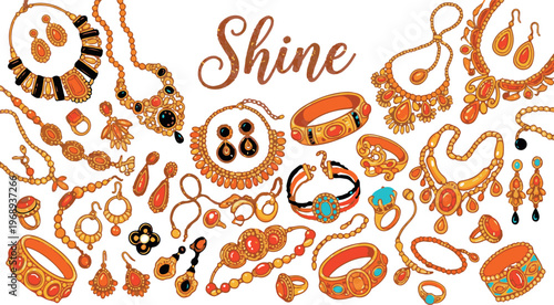 A lavish collection of exquisite golden jewelry, including necklaces, earrings, bracelets, and rings, adorned with vibrant gemstones, artfully arranged around the word "Shine."
