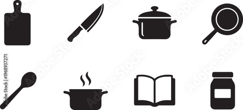 A concise grid of eight essential black silhouette icons representing common kitchen cooking utensils and culinary items, including a cutting board, knife, pots, pan, spoon, and cookbook.