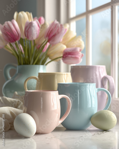 Spring cafe table with pastel mugs eggs and tulips