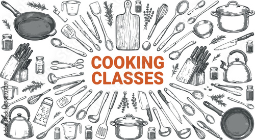 A comprehensive and detailed hand-drawn sketch collection of various kitchen utensils and cooking equipment, centered around the prominent text "COOKING CLASSES."