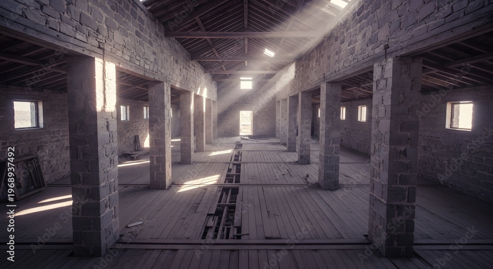 Fototapeta premium Abandoned Building Interior with Sunlight Beams