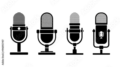 Four different microphone types on stands in black and white for podcasting and broadcasting