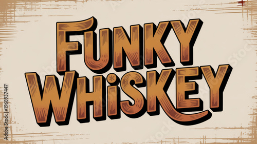 Funky whiskey text logo with brown gradient and black outline on beige background