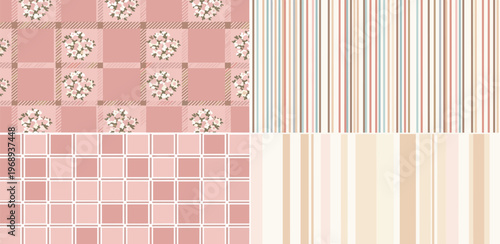 Seamless patterns collection featuring soft pink plaid, squares, and striped designs for textile or wallpaper applications