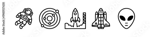 Astronaut and space flight icons set featuring solar system, shuttle and alien