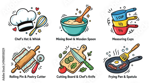 Cute kitchen utensils and cooking doodle icon set in kawaii cartoon style