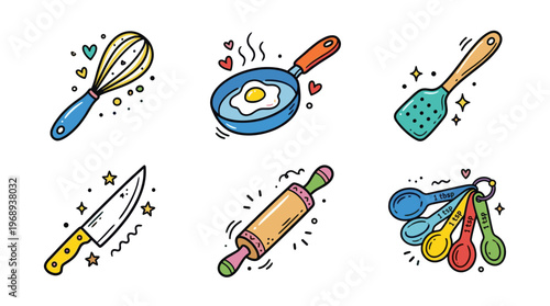 Cute kitchen utensils and cooking doodle icon set in kawaii cartoon style