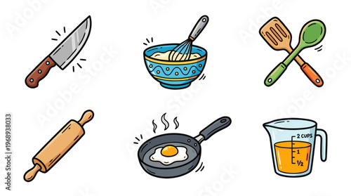Cute kitchen utensils and cooking doodle icon set in kawaii cartoon style