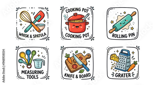 Cute kitchen utensils and cooking doodle icon set in kawaii cartoon style
