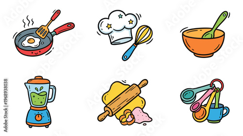 Cute kitchen utensils and cooking doodle icon set in kawaii cartoon style