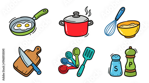 Cute kitchen utensils and cooking doodle icon set in kawaii cartoon style