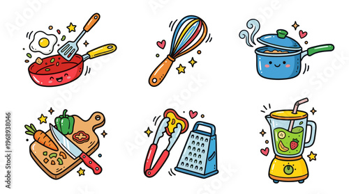 Cute kitchen utensils and cooking doodle icon set in kawaii cartoon style