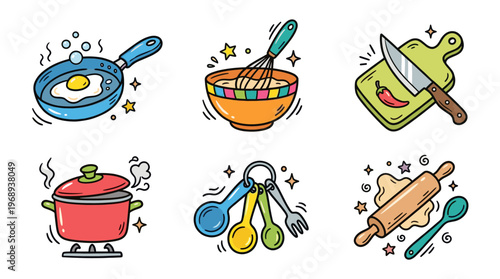 Cute kitchen utensils and cooking doodle icon set in kawaii cartoon style