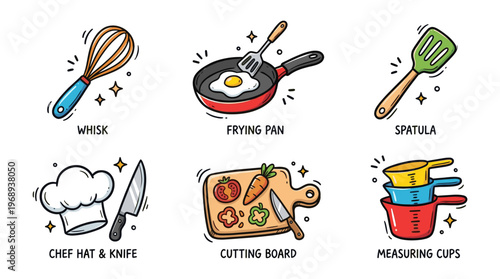 Cute kitchen utensils and cooking doodle icon set in kawaii cartoon style