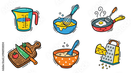 Cute kitchen utensils and cooking doodle icon set in kawaii cartoon style