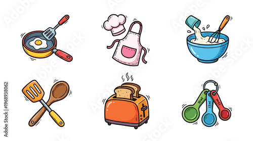 Cute kitchen utensils and cooking doodle icon set in kawaii cartoon style