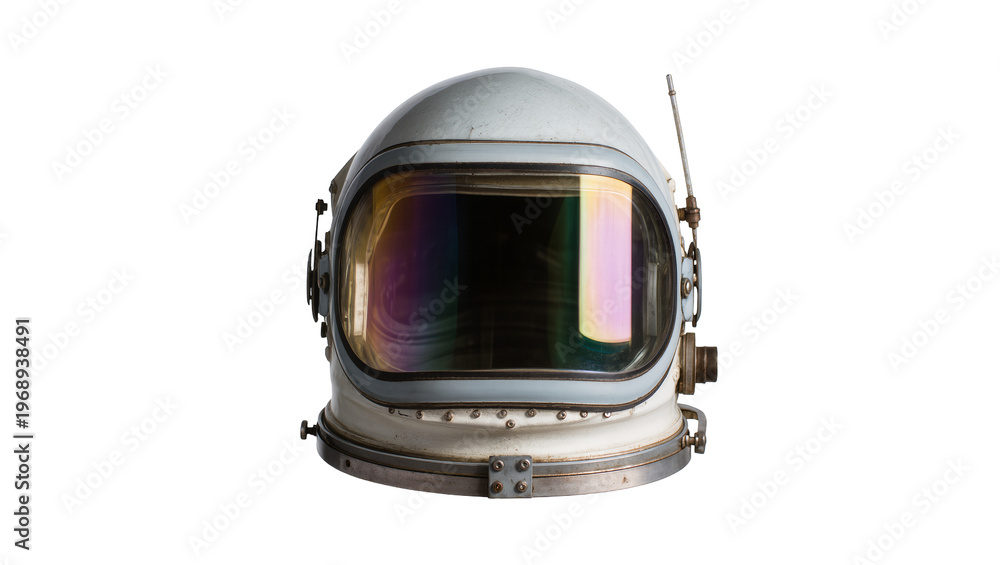 Fototapeta premium Vintage astronaut helmet with reflective visor, isolated on transparent background