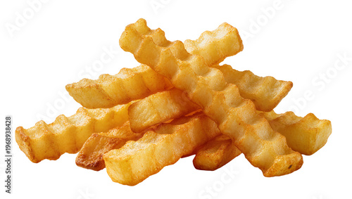 Valokuva Golden crinkle cut french fries pile, crispy potato strips isolated on transpare