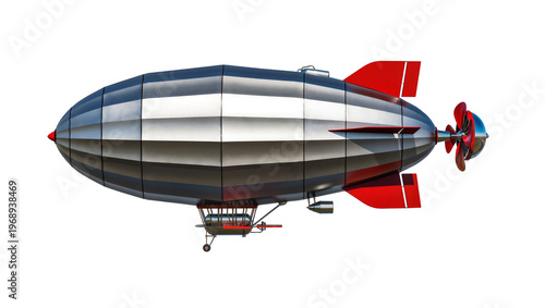 Tableau sur toile Silver and red dirigible airship with propellers, isolated on transparent backgr