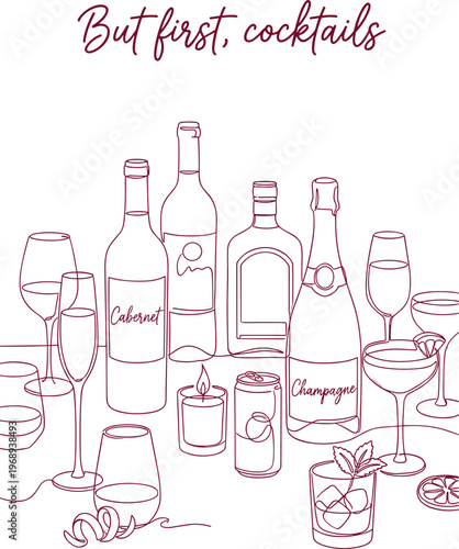 Conceptual line art capturing a sophisticated array of alcoholic beverages and elegant glassware, creating an ambiance of celebration and refined social gatherings