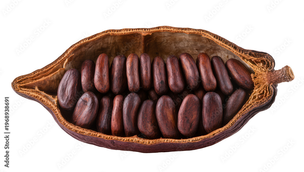 Naklejka premium Open cocoa pod revealing numerous dark brown beans, isolated on transparent background