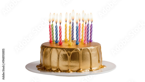 Golden birthday cake with colorful lit candles, isolated on transparent background
