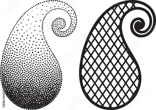 Two distinct paisley motifs, one rendered in a stippled dot effect and the other with crisp linework, offering versatile decorative elements.