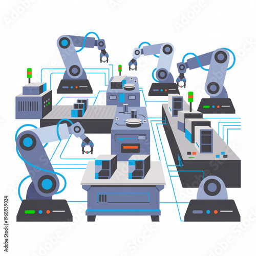 Automated production line with robotic arms and conveyor belts in a smart factory