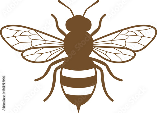 Elegant monochrome illustration of a buzzing bee, featuring intricate wings and a striped body in a clean brown outline, symbolizing nature's vital pollinator