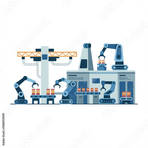 Automated industrial production line with robotic arms and conveyor belts in a factory setting