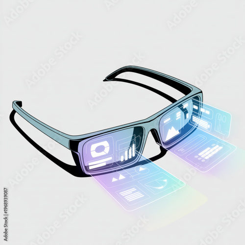Smart glasses with augmented reality interface displaying data analytics and digital holographic projections