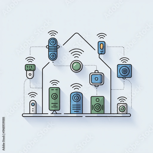 Smart home technology concept with connected wireless devices and home automation system icons