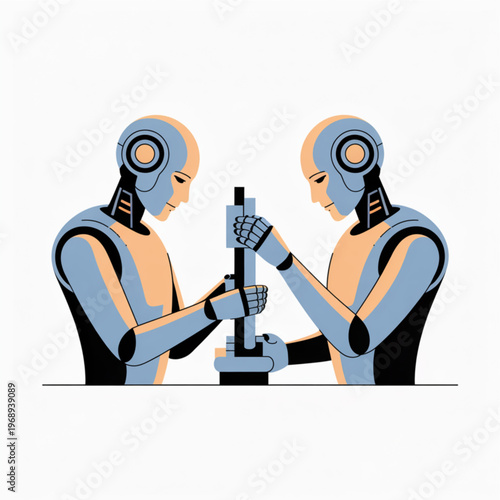 Two robots working together on a mechanical assembly task