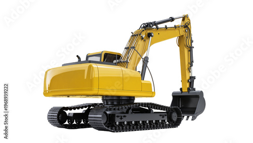 Yellow excavator with black tracks and bucket, isolated on transparent background