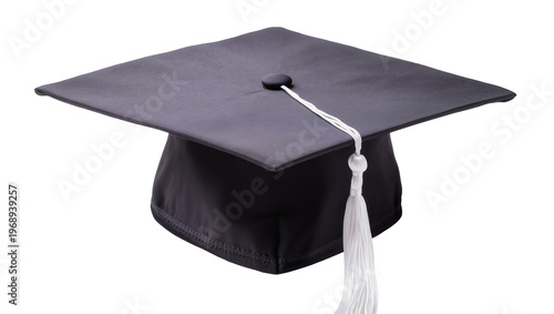 Black graduation cap with white tassel, isolated on transparent background