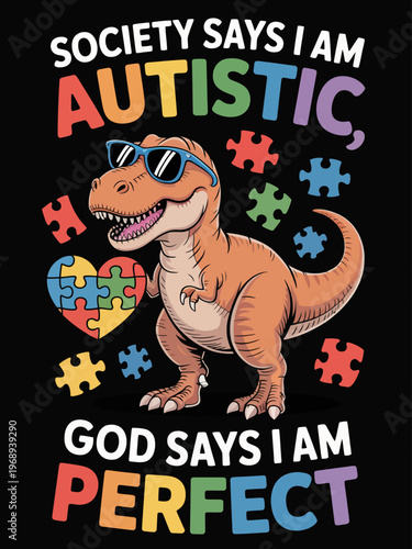A cartoon dinosaur wearing sunglasses stands amid colorful puzzle pieces, including a heart-shaped one. Bold text emphasizes acceptance.